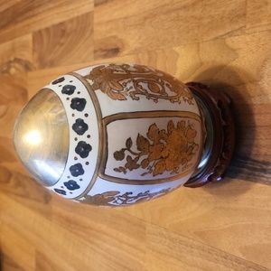 Gilded Gold Hand Painted Porcelain Egg Lacquered Carved Wood Mirrored Base